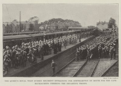 Das Queens Royal West Surrey Regiment auf dem Weg nach Southampton zum Kap, Matrosen jubeln den abreisenden Truppen zu von English Photographer