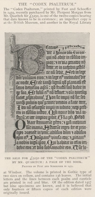 Der Verkauf des Codex Psalterum für £5250 durch Herrn Quaritch, eine Seite des Buches von English Photographer
