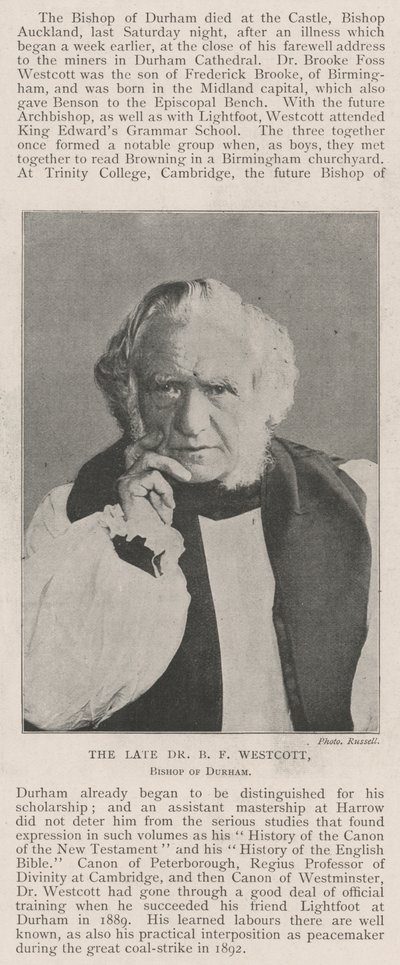 Der verstorbene Dr. B. F. Westcott, Bischof von Durham von English Photographer