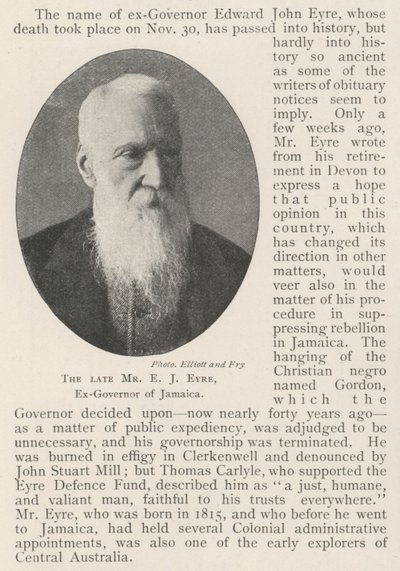 Der verstorbene Herr E. J. Eyre, ehemaliger Gouverneur von Jamaika von English Photographer