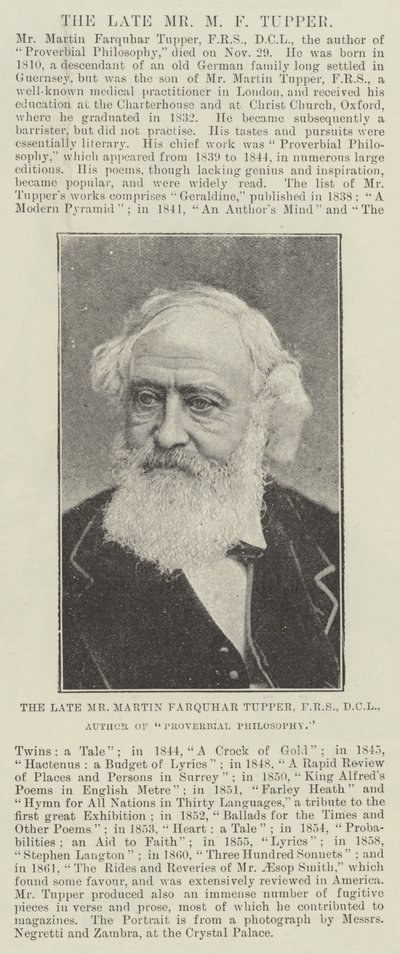 Der verstorbene Herr Martin Farquhar Tupper, FRS, DCL, Autor von Proverbial Philosophy von English Photographer