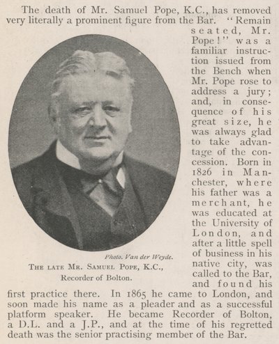Der verstorbene Mr. Samuel Pope, KC, Recorder von Bolton von English Photographer
