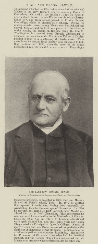 Der verstorbene Reverend Richard Elwyn, Leiter der Charterhouse School und Kanoniker von Canterbury von English Photographer