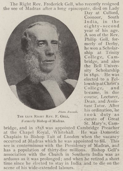 Der verstorbene ehrenwerte F. Gell, ehemaliger Bischof von Madras von English Photographer