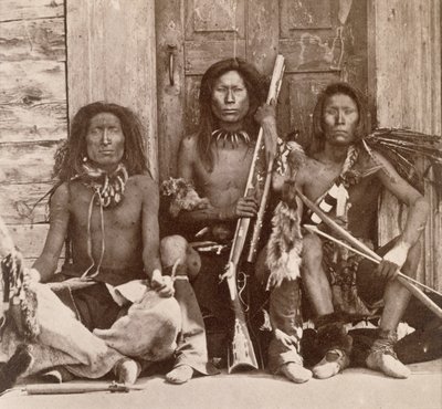 Drei Indianerkrieger, fotografiert von den Royal Engineers am neunundvierzigsten Breitengrad von English Photographer