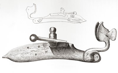 17. Jahrhundert Luntenschloss. Mechanismus oder Schloss zum Abfeuern einer Handfeuerwaffe, aus Die britische Armee: Ihre Ursprünge, Fortschritte und Ausrüstung, veröffentlicht 1868. von English School