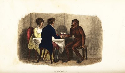 Niederländisches Paar aus dem 18. Jahrhundert trinkt Wein mit einem Bornean-Orang-Utan am Esstisch von English School
