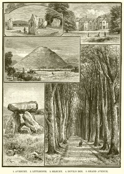 1. Avebury. 2. Littlecote. 3. Silbury. 4. Teufels Den. 5. Große Allee von English School