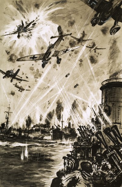 Ein britischer Konvoi im Zweiten Weltkrieg unter Angriff von deutschen Stukas von English School