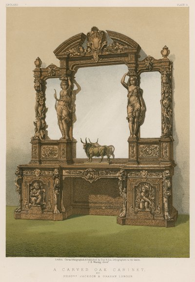 Ein geschnitzter Eichenschrank von Messrs Jackson und Graham, London von English School