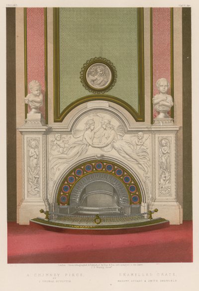 Ein Kaminstück von J. Thomas, Bildhauer; emaillierter Rost, Messrs Stuart und Smith Sheffield von English School