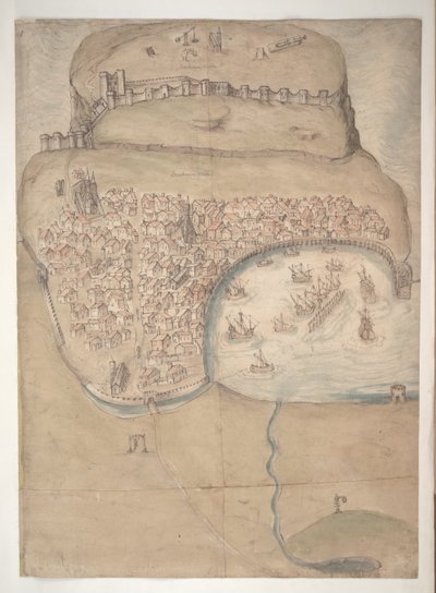Ein farbiger Plan oder Vogelperspektive von Scarborough Town und Castle von English School