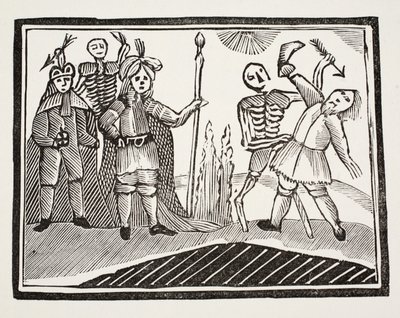 Ein Dialog zwischen einem Blinden und dem Tod, Illustration aus Chap-books des achtzehnten Jahrhunderts von John Ashton, veröffentlicht 1882 von English School