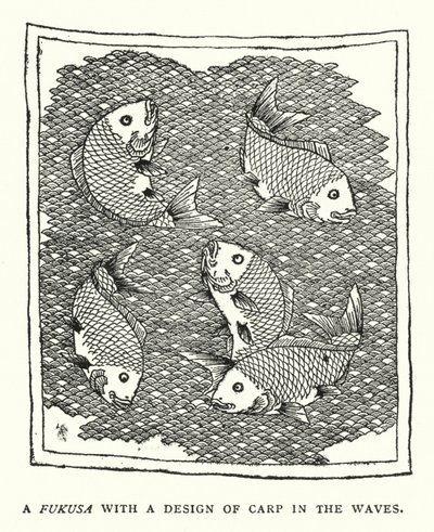 Ein Fukusa mit einem Karpfenmuster in den Wellen (Lithografie) von English School