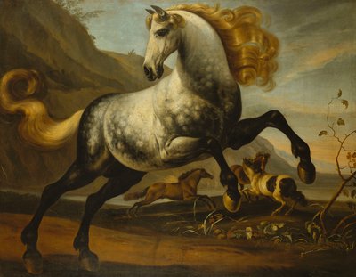Ein grauer, tänzelnder Hengst mit wallender Mähne mit kämpfenden Hengsten in einer felsigen Landschaft von English School
