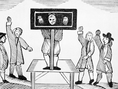 Ein schuldiger Mann im Dorfpranger, Kopie einer Illustration aus dem 16. Jahrhundert, aus einer Sammlung von Chapbooks über Esoterik von English School