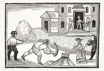 Ein Mann mäht Gras mit einer Sense, die alles vor sich nahm, Illustration aus Chap-books des achtzehnten Jahrhunderts von John Ashton, veröffentlicht 1882 von English School