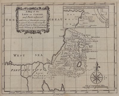 Karte des Landes Kanaan und angrenzender Teile zur Zeit von Abrahams Aufenthalt, mit den verschiedenen Völkern und Orten, die in der Geschichte der Patriarchen erwähnt werden von English School