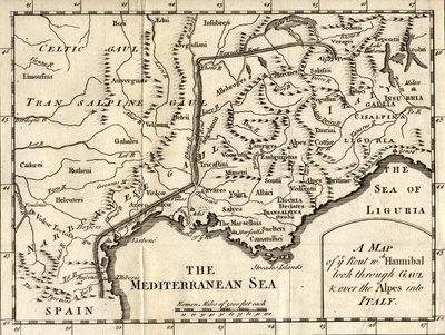 Karte der Route, die Hannibal durch Gallien und über die Alpen nach Italien nahm von English School