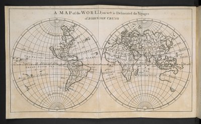 Eine Weltkarte, auf der die Reisen von Robinson Crusoe dargestellt sind von English School