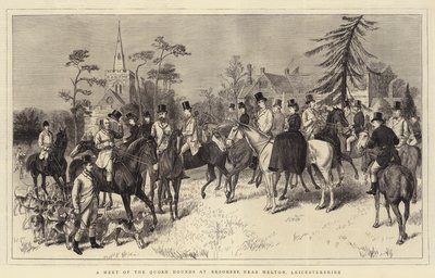 Ein Treffen der Quorn-Hunde bei Brooksby, in der Nähe von Melton, Leicestershire (Stich) von English School