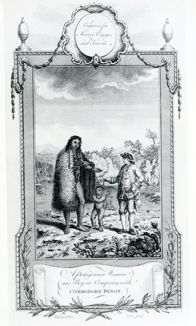 Eine patagonische Frau und ein Junge in Begleitung von Commodore Byron, Illustration aus Moores Reisen und Reisen, 1778 von English School