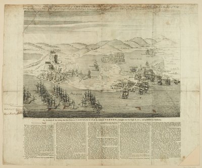Eine perspektivische Zeichnung der Stadt, des Hafens und der Festungen von Cartagena im Jahr 1739, veröffentlicht 1741 (Kupferstich) von English School
