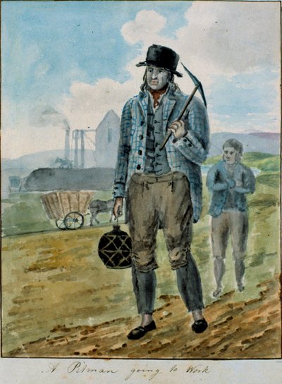 Ein Bergmann geht zur Arbeit (Aquarell auf Papier) von English School