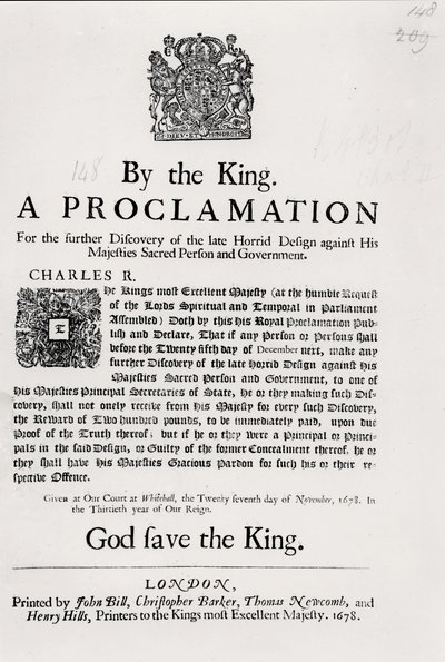 Eine Proklamation des Königs zur weiteren Entdeckung des kürzlich gegen seine Majestät und die Regierung gerichteten abscheulichen Plans, 27. November 1678 von English School