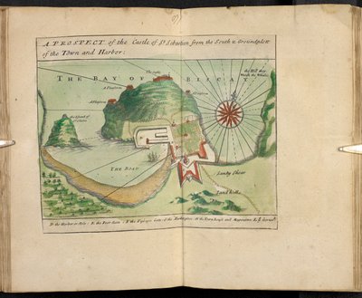 Eine Aussicht auf das Schloss von St. Sebastien von Süden und Grundriss der Stadt und des Hafens von English School