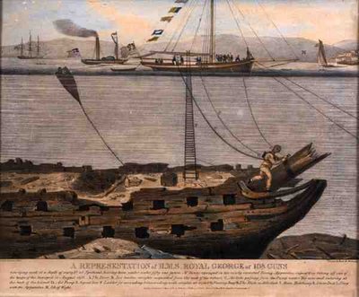 Darstellung von H.M.S. Royal George mit 108 Kanonen, veröffentlicht 1833 von English School