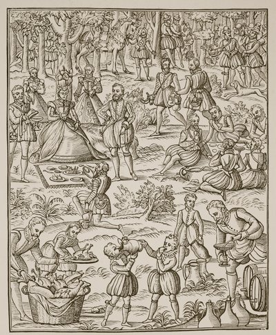 Ein königliches Picknick, Platte aus Noble Art of Venerie and Hunting von George Turberville, 1575 von English School