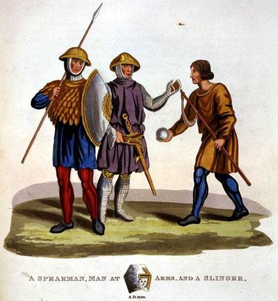 Ein Speerkämpfer, ein Mann in Rüstung und ein Schleuderer von English School