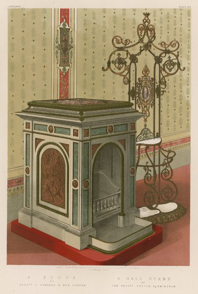 Ein Ofen von Messrs F. Edwards und Sohn, London; Ein Flurständer von den Messrs Peyton, Birmingham von English School