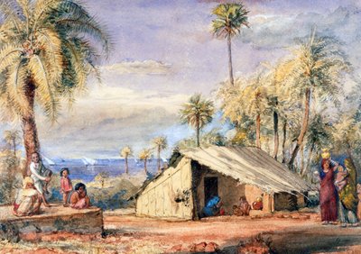 Eine Toddy-Ziehhütte in einem Hain von Dattelpalmen, Bombay Präsidentschaft, Indien von English School