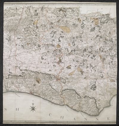 Eine topographische Karte der Grafschaft Sussex, unterteilt in Rapes, Deanries und Hundreds. Geplant nach einer tatsächlichen Vermessung im Maßstab von einem Zoll pro Meile von English School