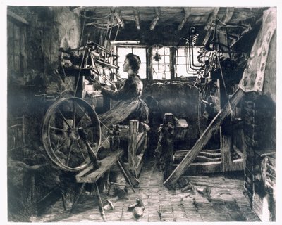 Ein typisches Weberloft der frühen industriellen Revolution von English School
