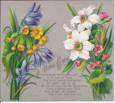Eine viktorianische Geburtstagskarte mit Narzissen und Glockenblumen, ca. 1880 von English School
