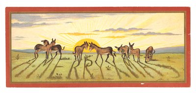 Eine viktorianische Weihnachtskarte mit einem Sonnenuntergang und Eseln, die 