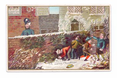 Viktorianische Weihnachtskarte von Jungen, die sich hinter einer Ziegelmauer verstecken und einen Schneeball auf einen Polizisten werfen, um 1880 (Farblitho) von English School