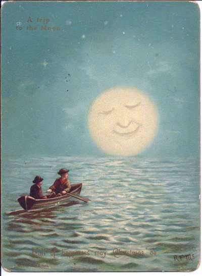 Eine viktorianische Weihnachtskarte von zwei Jungen in einem Ruderboot bei Mondschein, ca. 1880 von English School