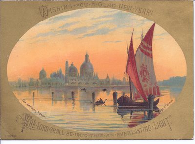 Viktorianische Neujahrskarte eines Bootes und Gondeln auf der Adria, Venedig, ca. 1880 (Farblithographie) von English School