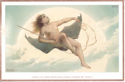 Eine viktorianische Karte eines nackten Mannes, der eine Rute hält und auf einem Paar riesiger Fledermausflügel durch die Wolken fliegt, ca. 1880 von English School