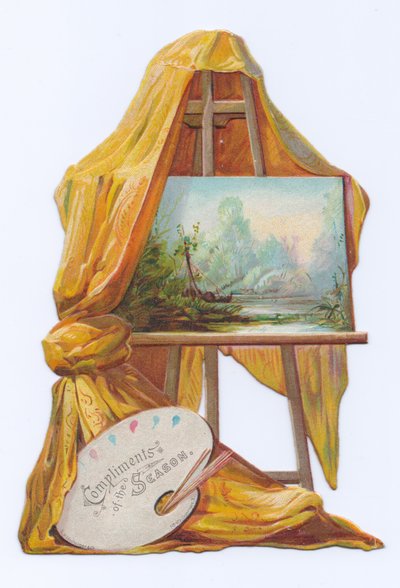 Eine viktorianische Stanzkarte eines Gemäldes auf einer Staffelei mit einem Tuch darauf, um 1880 von English School