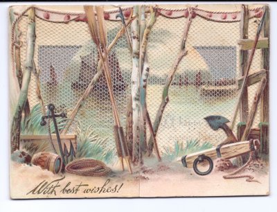 Eine viktorianische Grußkarte von Segelschiffen, gesehen durch einen Gaze-Bildschirm, ca. 1880 von English School
