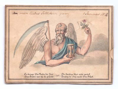 Viktorianische Grußkarte des Sensenmanns mit Sense und Sanduhr, der eine Rose hält, um 1815 (Farblitho) von English School