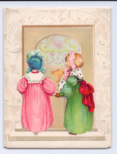 Viktorianische Grußkarte mit zwei Kindern, die Hauben tragen und im Begriff sind, eine Haustür zu betreten, ca. 1880 von English School