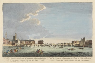 Ansicht der London Bridge mit den Ruinen der provisorischen Brücke nach dem Brand vom 11. April 1758 (farbige Gravur) von English School