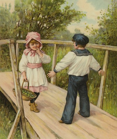 Ein Junge sagt einem Mädchen, dass sie eine Maut zahlen muss, um die Brücke zu überqueren, auf der er steht von English School