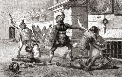 Ein Kampf zwischen Gladiatoren im antiken Rom, aus Ward und Locks Illustrierter Geschichte der Welt, veröffentlicht um 1882 von English School
